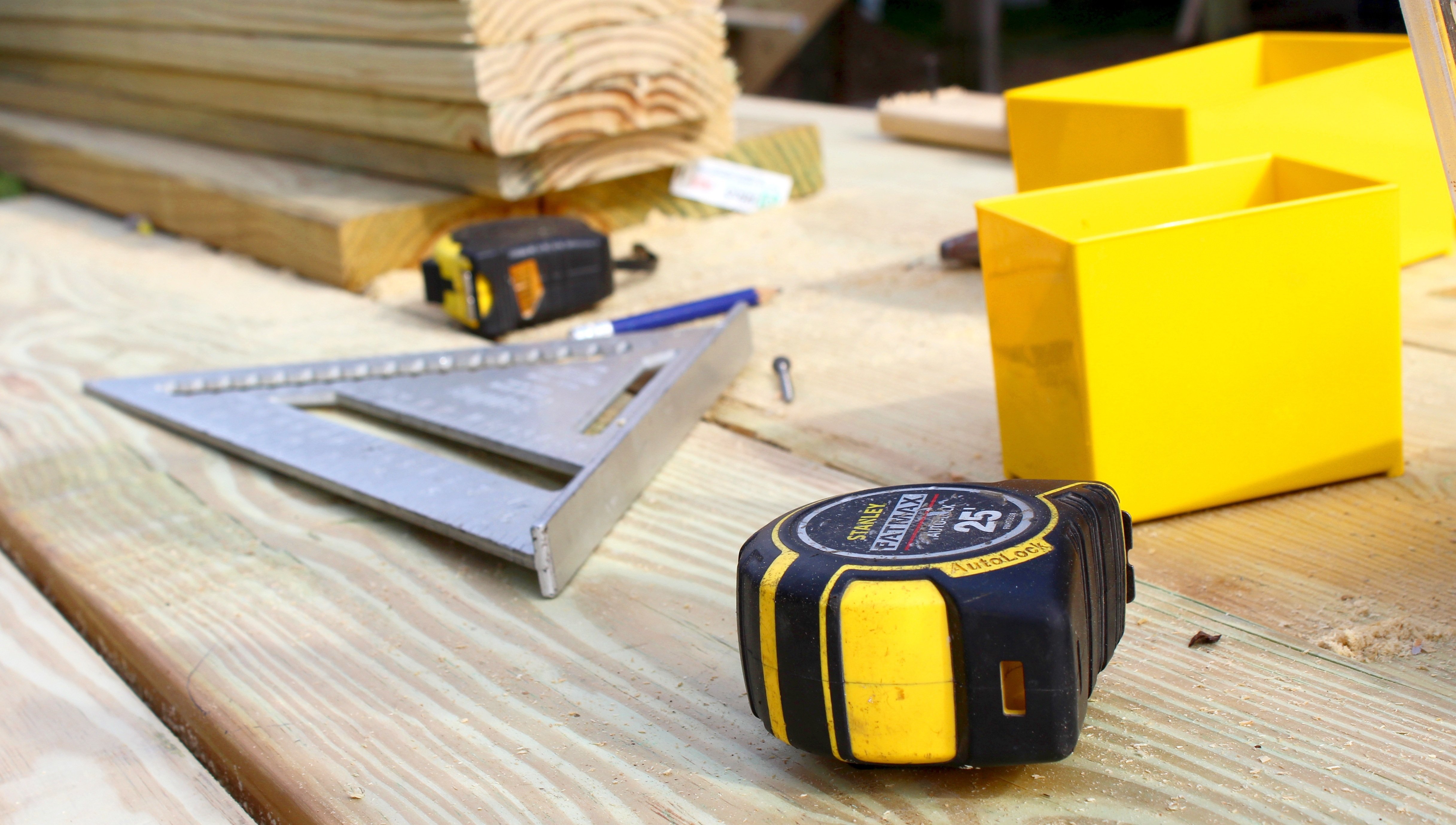 Woodwork with a tape measure and set square