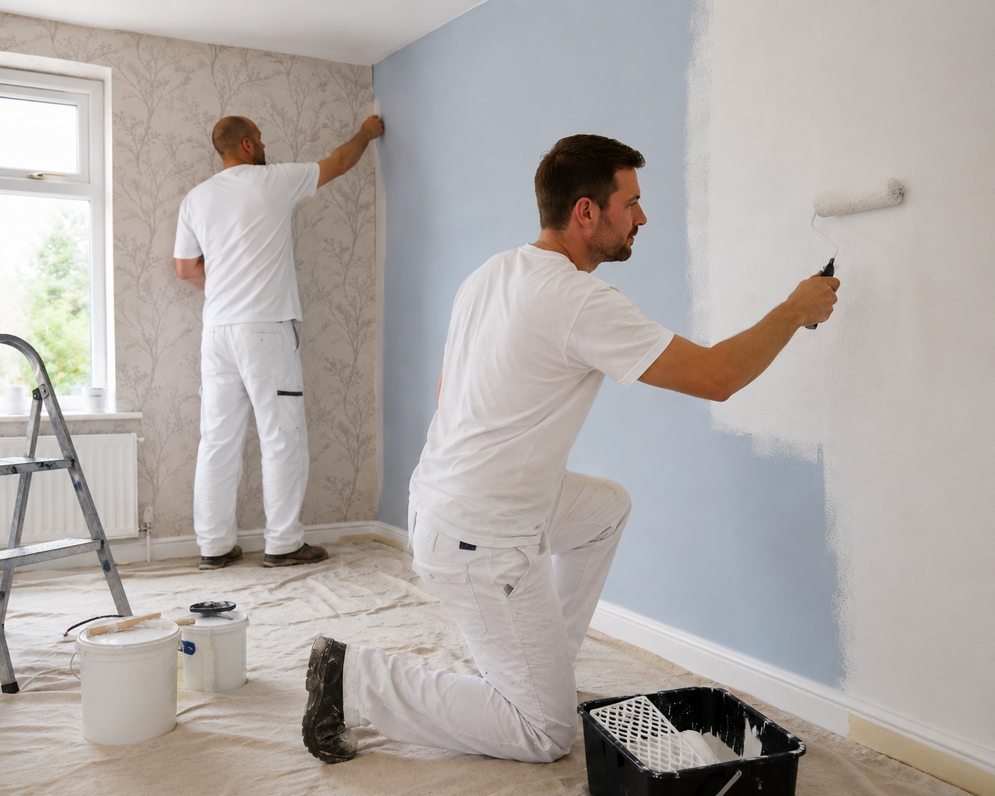 Decorators painting an interior wall